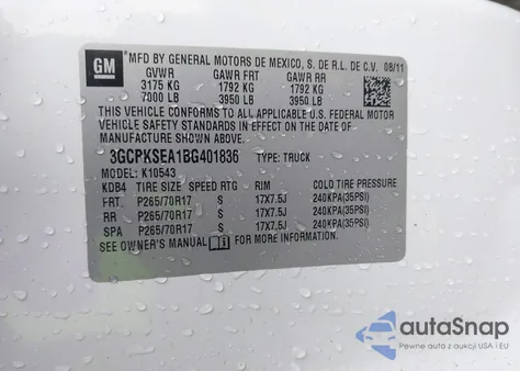 2011 Chevrolet Silverado 1500 Lt z USA, uszkodzony, nr VIN 3GCPKSEA1BG401836